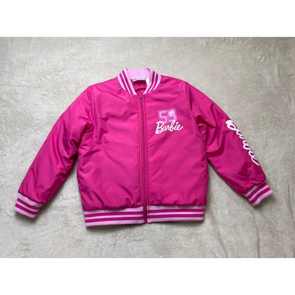 Barbie Bomber Jacket Kids Size 7/8 Pink Excellent Varsity Quilted Zip Up